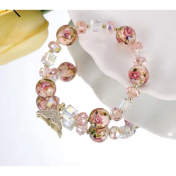 Pink Swarovski Beaded Bracelet With Charm - Picture 1 of 4